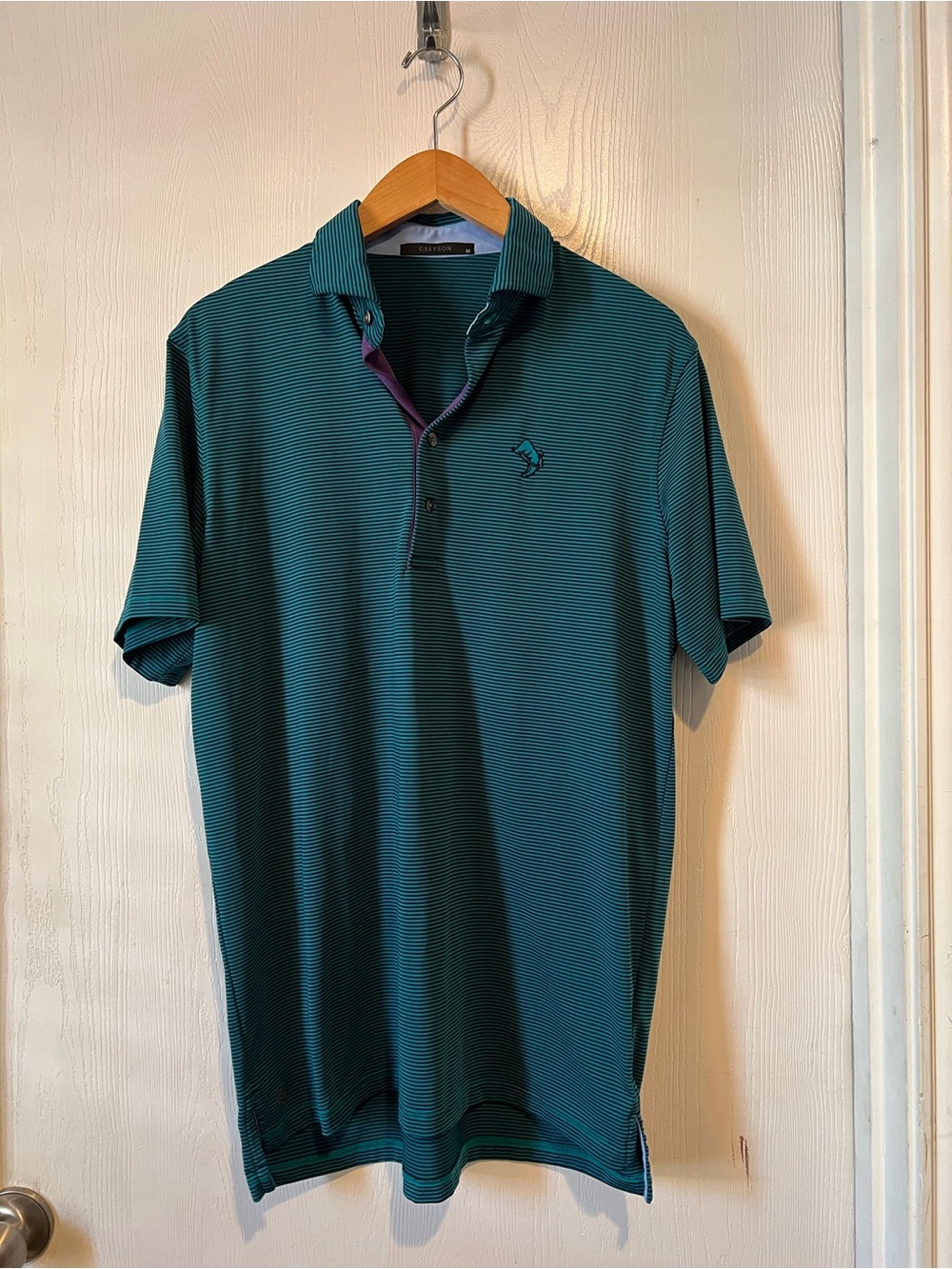 Greyson Golf Performance Polo Shirt Aqua Blue Stripe Short Sleeve Men Sz Medium